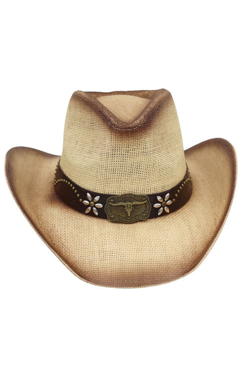 Lubbock Longhorn Beige Distressed Straw Cowgirl Hat