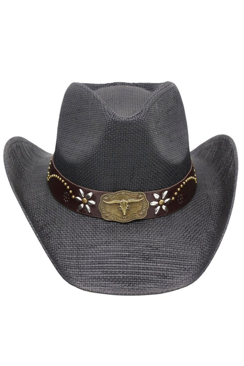 Lubbock Longhorn Black Distressed Straw Cowgirl Hat