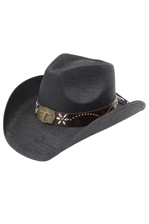Lubbock Longhorn Black Distressed Straw Cowgirl Hat