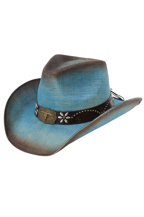 Lubbock Longhorn Dusty Blue Distressed Straw Cowgirl Hat