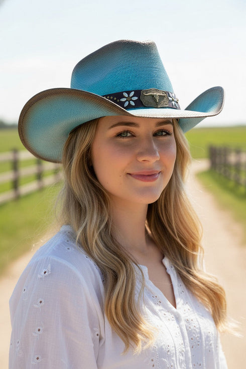Lubbock Longhorn Dusty Blue Distressed Straw Cowgirl Hat