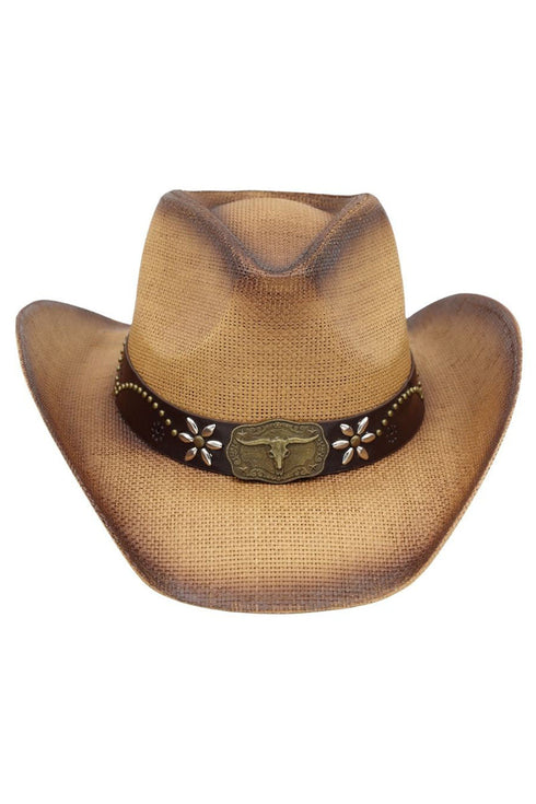 Lubbock Longhorn Taupe Distressed Straw Cowgirl Hat