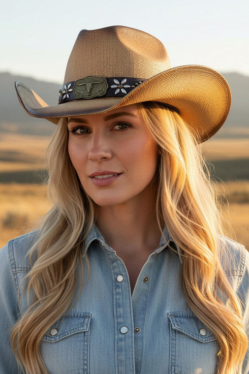 Lubbock Longhorn Taupe Distressed Straw Cowgirl Hat