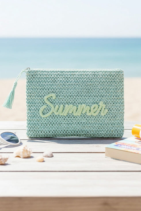 Golden Hour Summer Script Mint Straw Pouch
