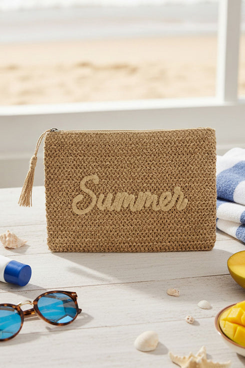 Golden Hour Summer Script Tan Straw Pouch