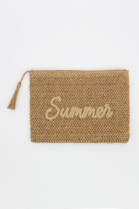 Golden Hour Summer Script Tan Straw Pouch