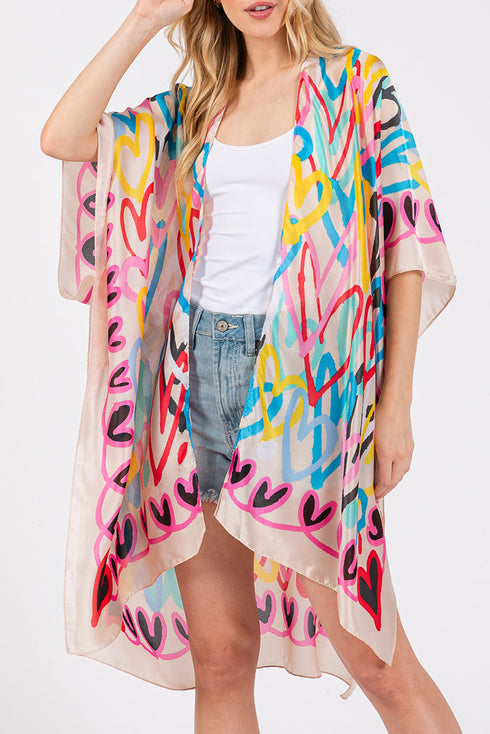 Colorful All Heart Silky Beige Kimono