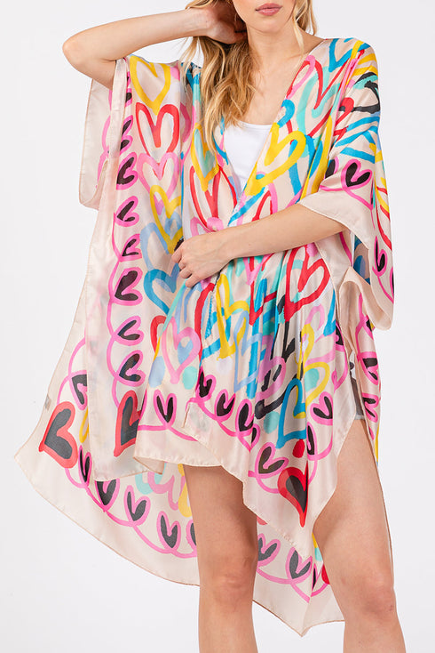 Colorful All Heart Silky Beige Kimono