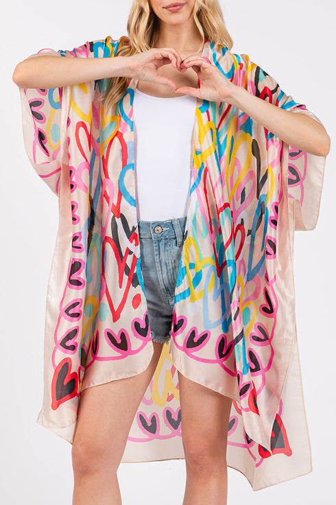 Colorful All Heart Silky Beige Kimono