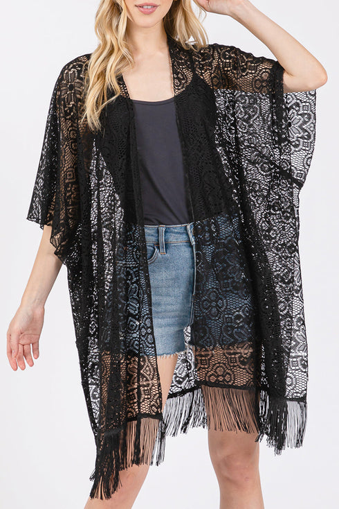 Easy Breezy Blooms Black Fringed lace Kimono
