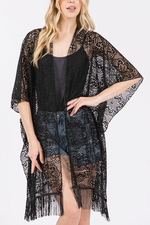Easy Breezy Blooms Black Fringed lace Kimono