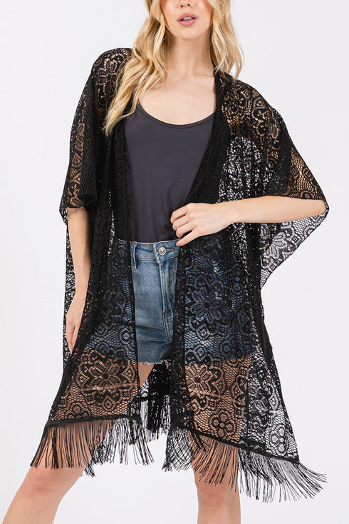 Easy Breezy Blooms Black Fringed lace Kimono