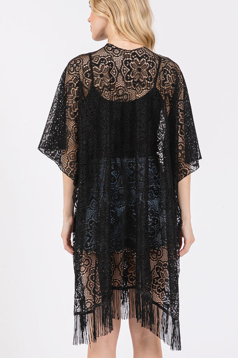 Easy Breezy Blooms Black Fringed lace Kimono