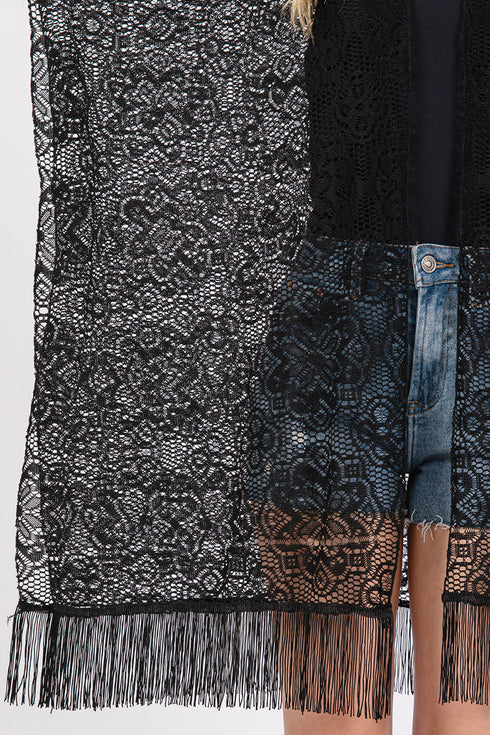 Easy Breezy Blooms Black Fringed lace Kimono