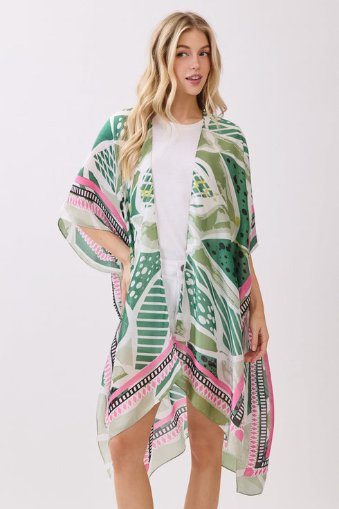 Floating Florals Green Silky Kimono