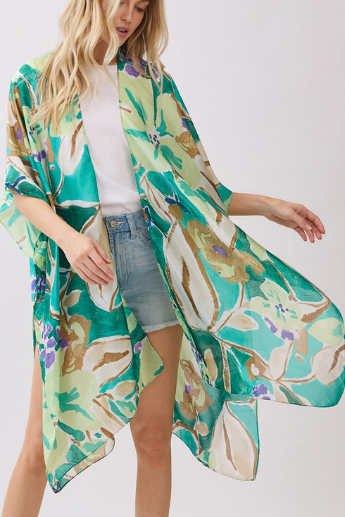 Hawaiian Holiday Green Silky Kimono