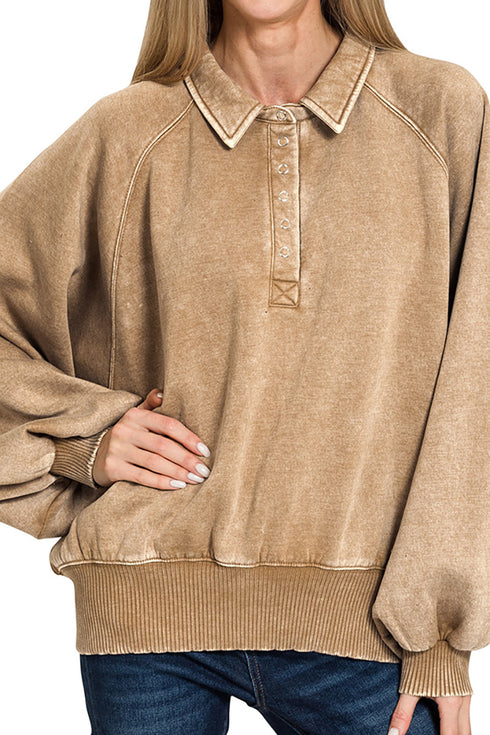 Bonfire Nights Deep Camel Acid Wash Button Collared Pullover