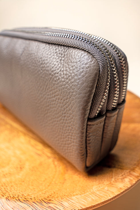Gray Genuine Leather Triple Zip Wristlet