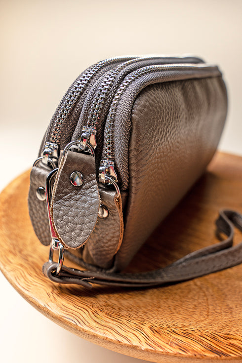 Gray Genuine Leather Triple Zip Wristlet