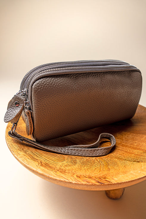 Gray Genuine Leather Triple Zip Wristlet