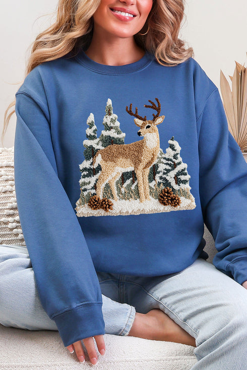 Faux Yarn Winter Deer Ecosmart Crewneck Sweatshirt