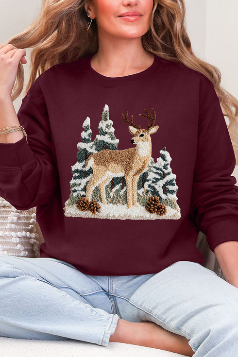 Faux Yarn Winter Deer Ecosmart Crewneck Sweatshirt