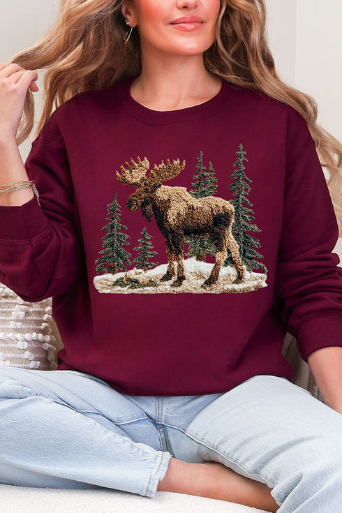 Faux Yarn Winter Moose Ecosmart Crewneck Sweatshirt
