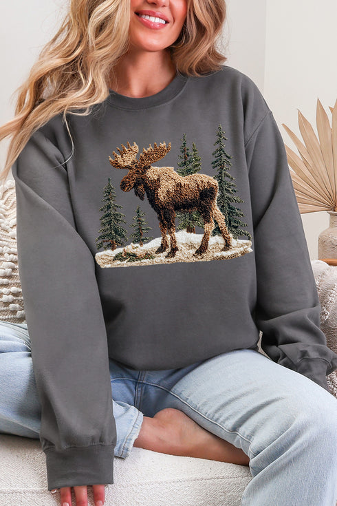 Faux Yarn Winter Moose Ecosmart Crewneck Sweatshirt