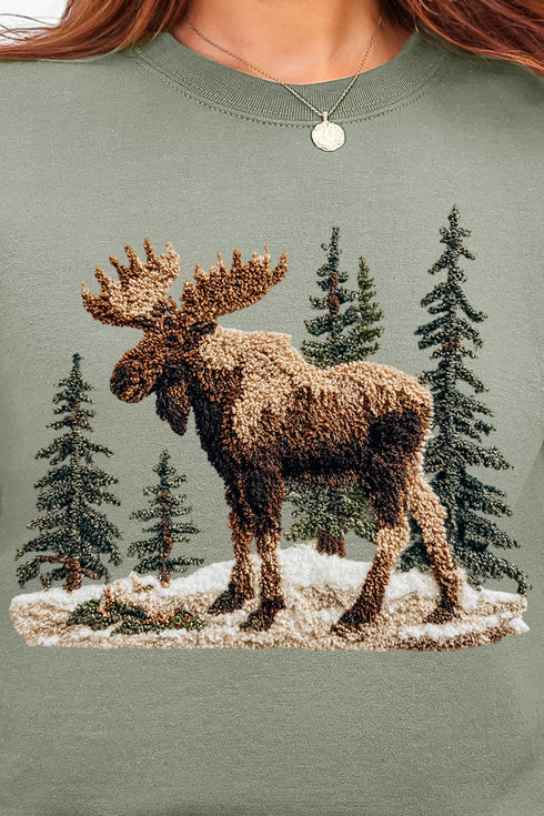Faux Yarn Winter Moose Ecosmart Crewneck Sweatshirt