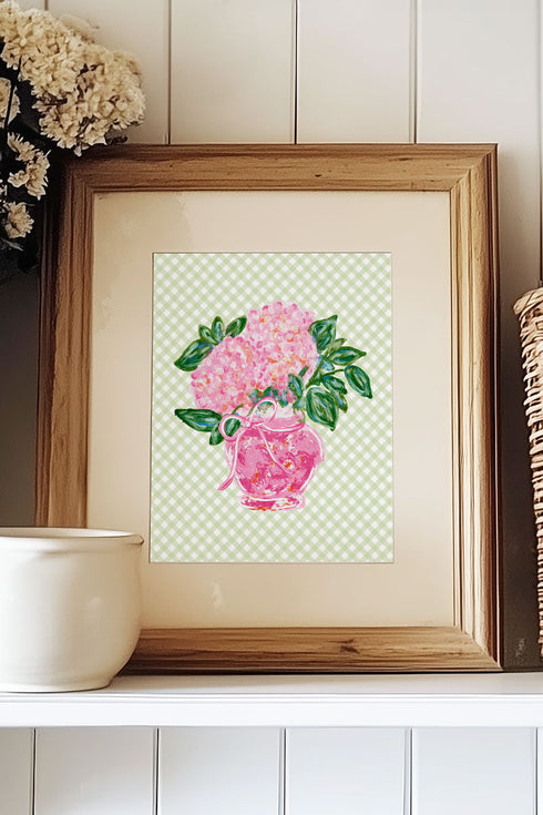 Green Gingham Blush Blossom Ready To Frame Canvas Print