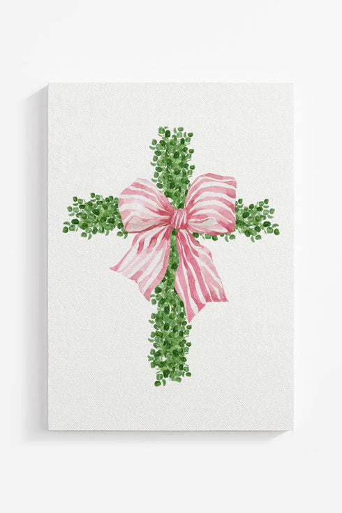 Pink Bow Boxwood Cross Ready To Frame Canvas Print