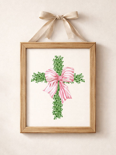 Pink Bow Boxwood Cross Ready To Frame Canvas Print