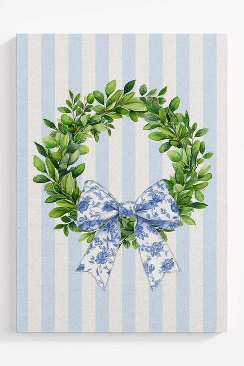 Striped Blue Willow Wreath Ready To Frame Canvas Print