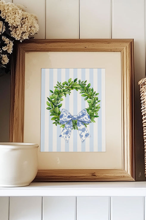 Striped Blue Willow Wreath Ready To Frame Canvas Print