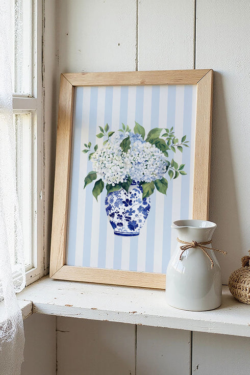 Striped Sunday Blue Blooms Ready To Frame Canvas Print
