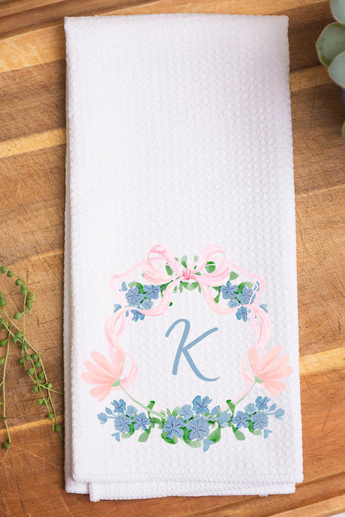 Personalized Preppy Blue Floral Crest Waffle Kitchen Towel *Choose Your Initial