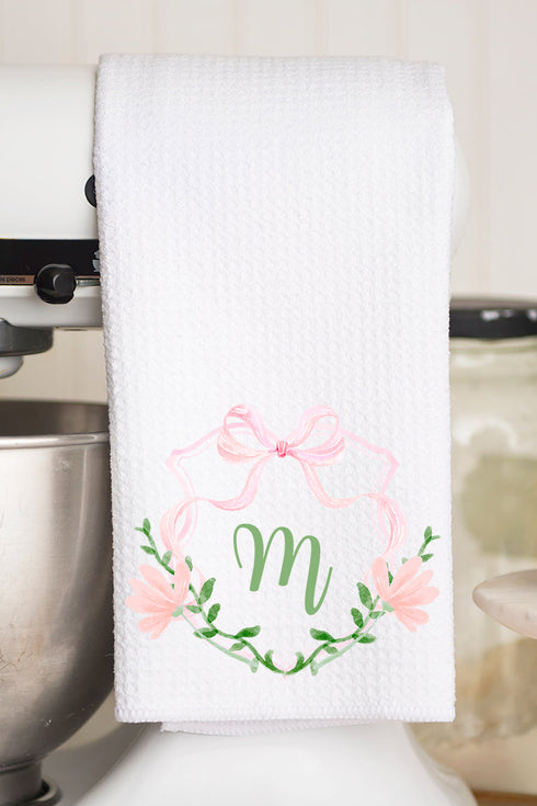 Personalized Preppy Floral Crest Waffle Kitchen Towel *Choose Your Initial