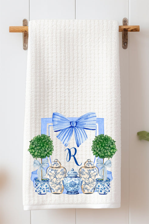 Personalized Preppy Ginger Jar Garden Waffle Kitchen Towel *Choose Your Initial