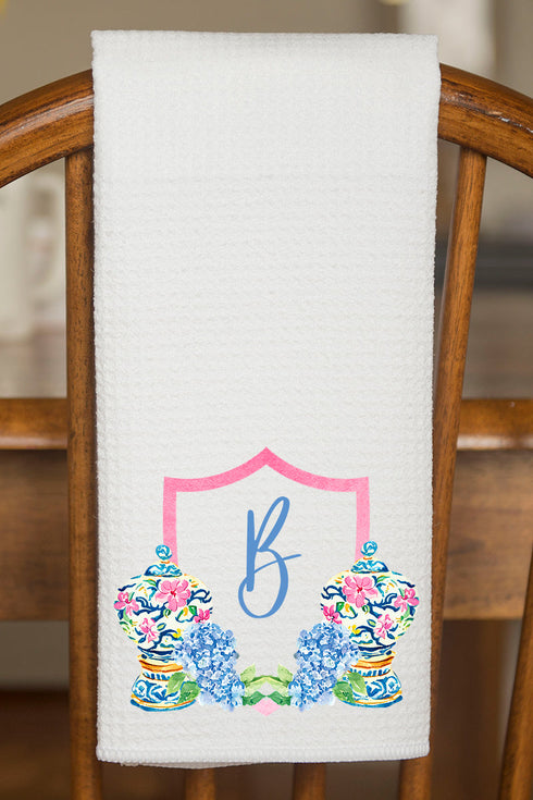Personalized Preppy Petals Ginger Jars Waffle Kitchen Towel *Choose Your Initial
