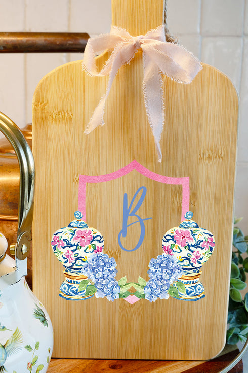 Personalized Preppy Petals Ginger Jars Decorative Wood Cutting Board *Choose Your Initial