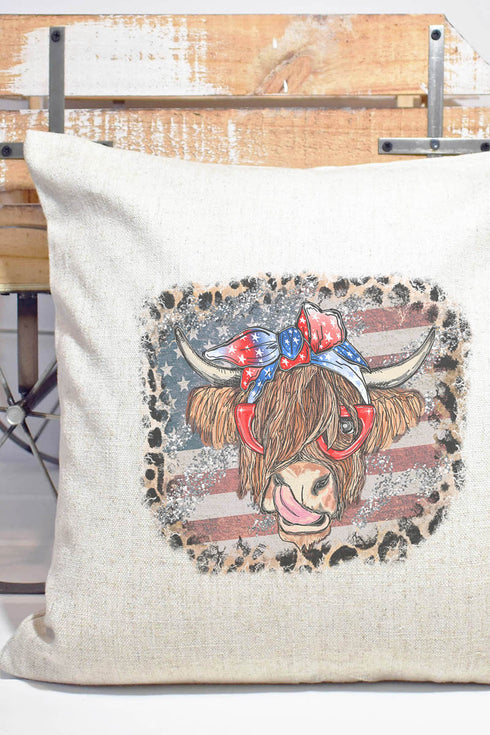 Leopard Framed Patriotic Highland Cow Decorative Pillow Cover