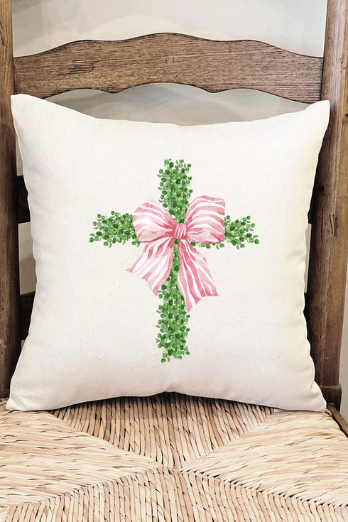 Pink Bow Boxwood Cross Decorative Pillow Cover