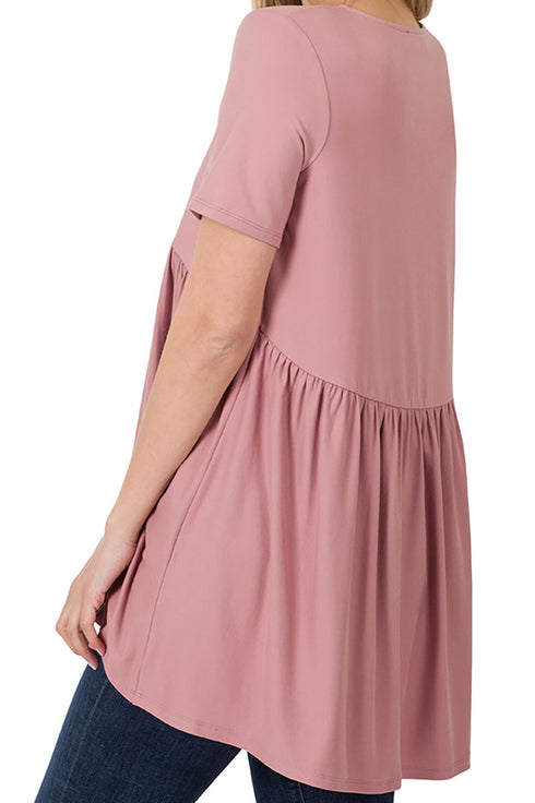 Light Rose Brushed Empire Waist Short Sleeve Top