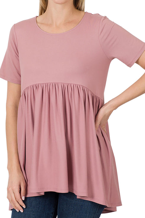 Light Rose Brushed Empire Waist Short Sleeve Top