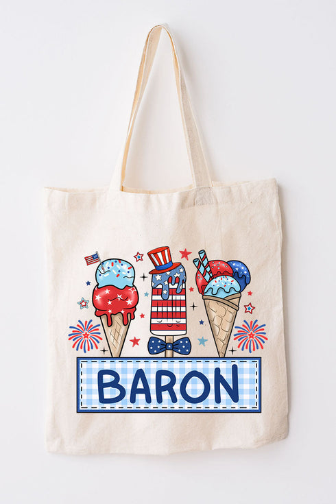 Personalized Patriotic Popsicles Blue Gingham Small Canvas Tote *Personalize Your Name