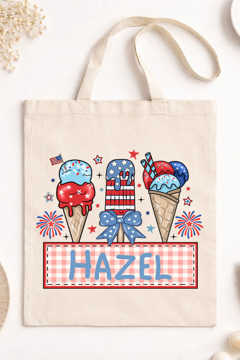 Personalized Patriotic Popsicles Pink Gingham Small Canvas Tote *Personalize Your Name