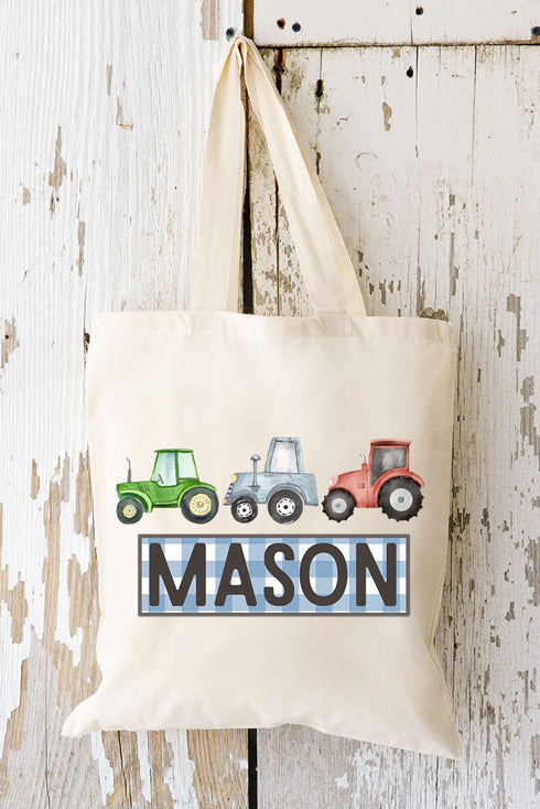 Personalized Tractor Trio Small Canvas Tote *Personalize Your Name