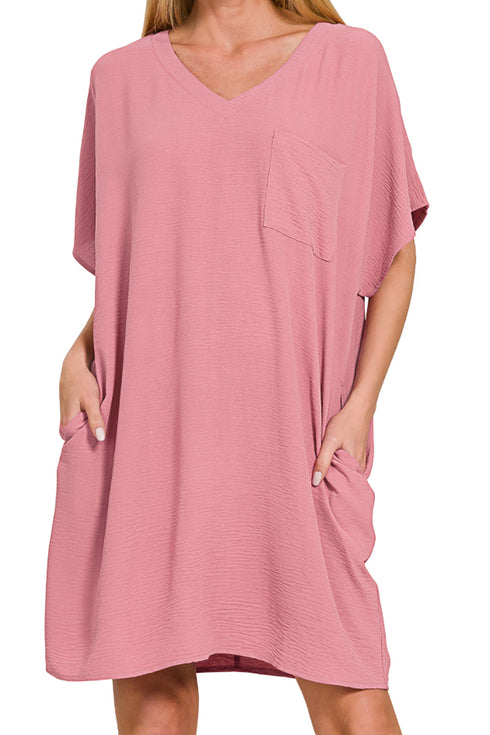 Go With The Flow Light Rose V-Neck Pocket Shirt Dress