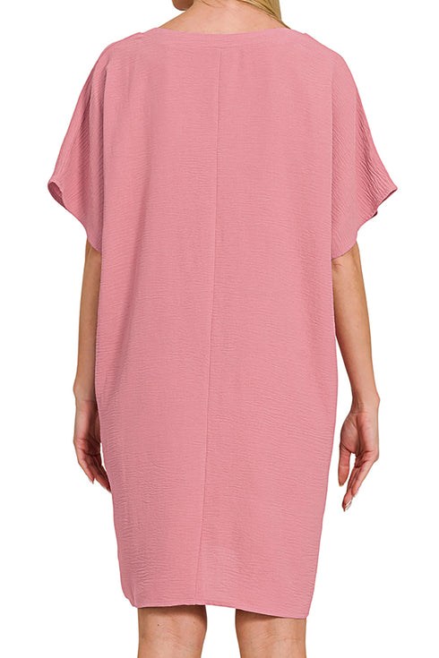 Go With The Flow Light Rose V-Neck Pocket Shirt Dress