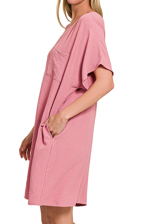 Go With The Flow Light Rose V-Neck Pocket Shirt Dress